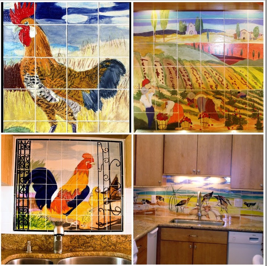 Four-photo collage of hand-painted tile installations by Maureen Fulgenzi, featuring the colorful rooster mural, Tuscan vineyard mural, black-and-white rooster mural, and a shorebird backsplash, Palm Beach, FL