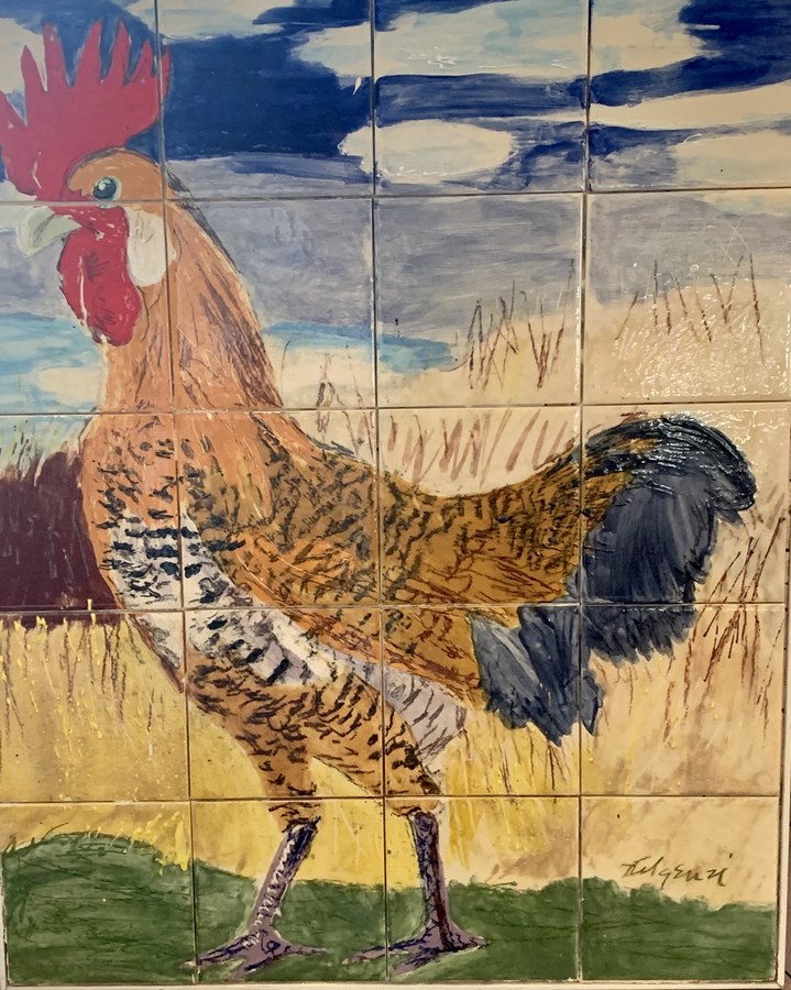 Realistic colorful Rooster hand-painted tile by Maureen Fulgenzi — Warm & earthy palette, Palm Beach, FL