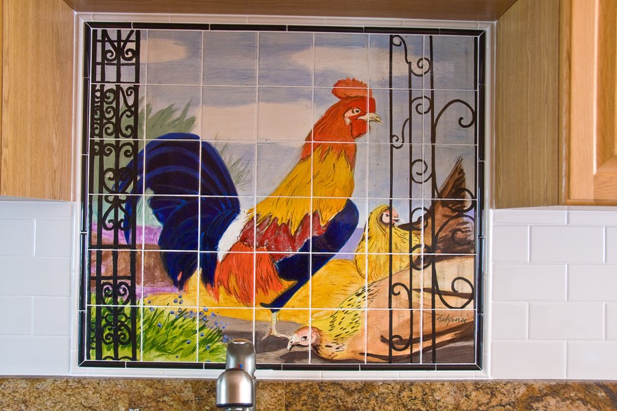 Same colorful rooster hand-painted tile, kitchen backsplash detail view, by Maureen Fulgenzi — Warm & earthy palette, Palm Beach, FL