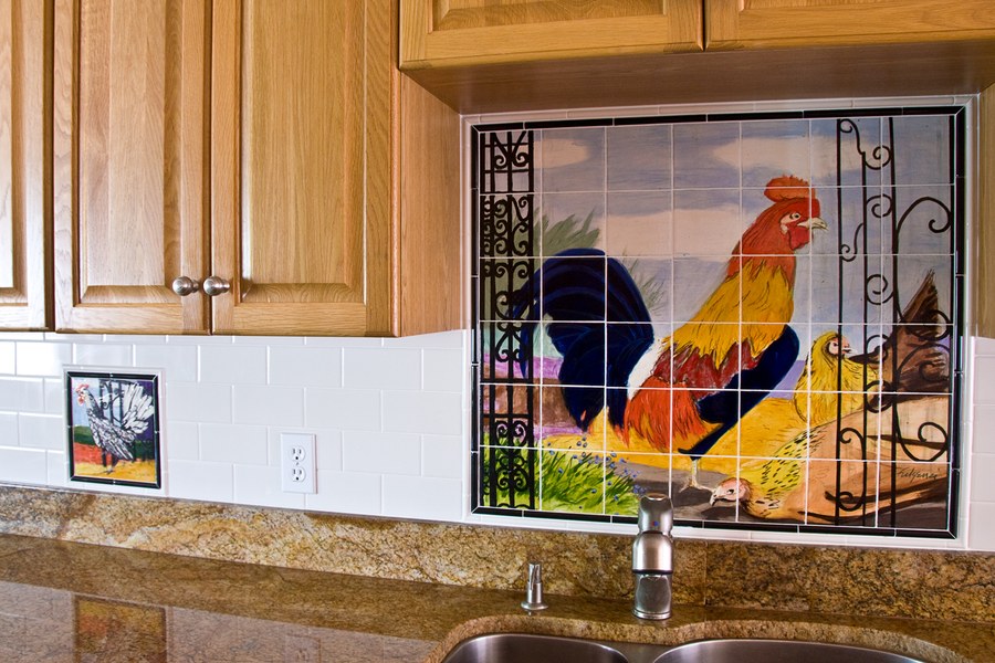 Same colorful rooster hand-painted tile, wider kitchen backsplash view, by Maureen Fulgenzi — Warm & earthy palette, Palm Beach, FL