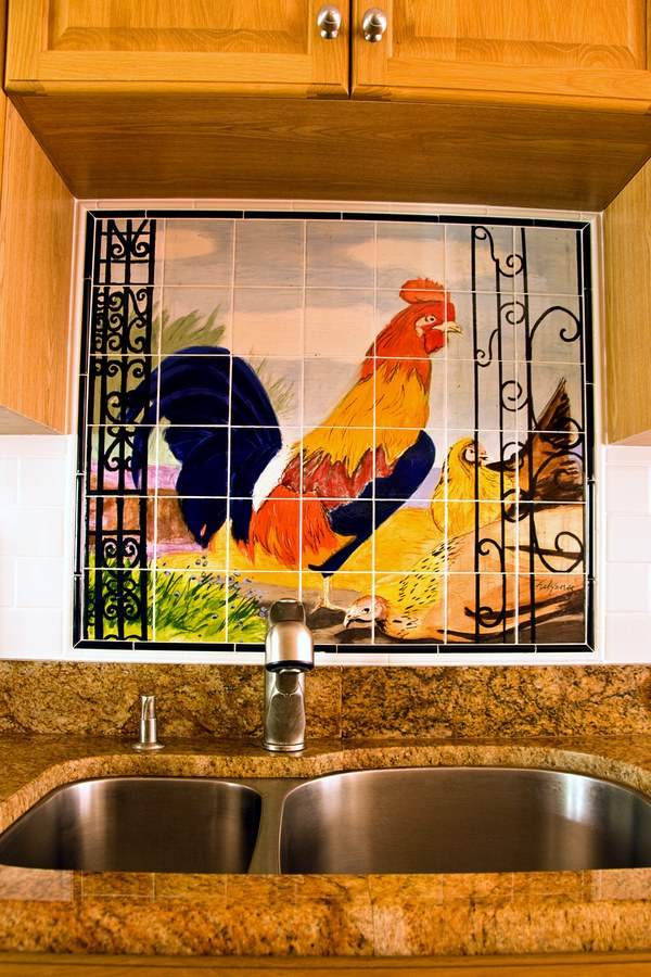 Same colorful rooster hand-painted tile, additional installation view, by Maureen Fulgenzi — Warm & earthy palette, Palm Beach, FL