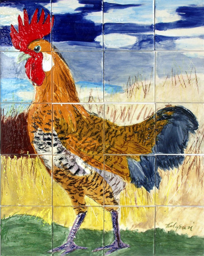 Same colorful rooster hand-painted tile mounted in a black metal frame, by Maureen Fulgenzi — Warm & earthy palette, Palm Beach, FL