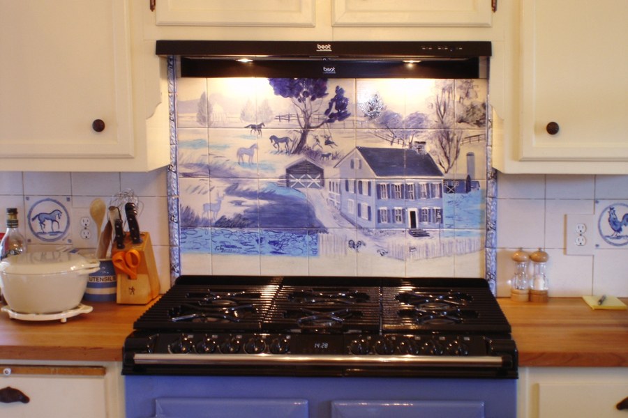 Blue and white Salem House delft-style farmhouse scene hand-painted tile by Maureen Fulgenzi, above-stove kitchen install — Blue & white palette, Palm Beach, FL