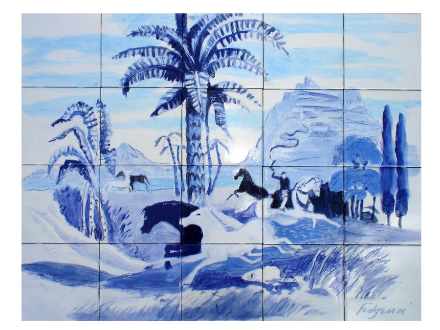 Chinoiserie Salem House hand-painted tile by Maureen Fulgenzi, additional detail/installation view 18 — Blue & white palette, Palm Beach, FL