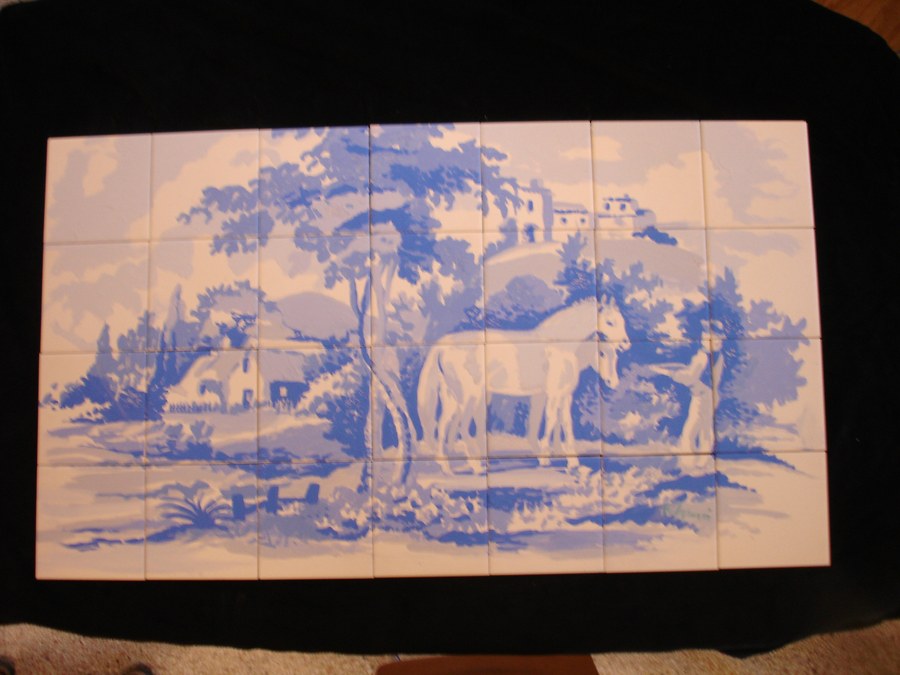 Chinoiserie Salem House hand-painted tile by Maureen Fulgenzi, additional detail/installation view 19 — Blue & white palette, Palm Beach, FL