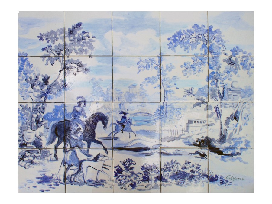 Chinoiserie Salem House hand-painted tile by Maureen Fulgenzi, additional detail/installation view 2 — Blue & white palette, Palm Beach, FL
