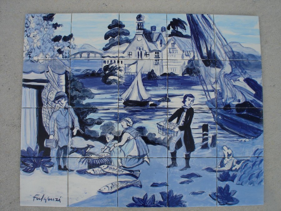Chinoiserie Salem House hand-painted tile by Maureen Fulgenzi, additional detail/installation view 22 — Blue & white palette, Palm Beach, FL
