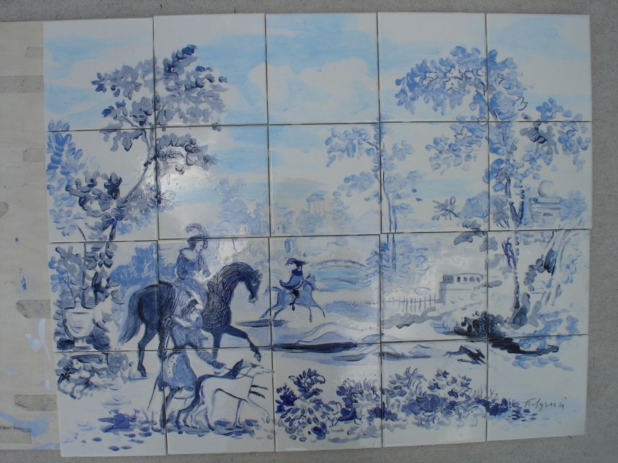 Chinoiserie Salem House hand-painted tile by Maureen Fulgenzi, additional detail/installation view 23 — Blue & white palette, Palm Beach, FL
