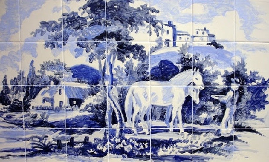 Chinoiserie Salem House hand-painted tile by Maureen Fulgenzi, additional detail/installation view 3 — Blue & white palette, Palm Beach, FL