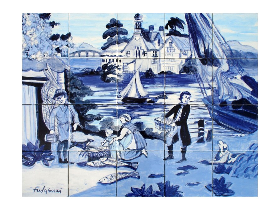 Chinoiserie Salem House hand-painted tile by Maureen Fulgenzi, additional detail/installation view 4 — Blue & white palette, Palm Beach, FL
