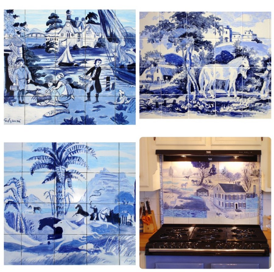 Chinoiserie Salem House hand-painted tile by Maureen Fulgenzi, additional detail/installation view 5 — Blue & white palette, Palm Beach, FL
