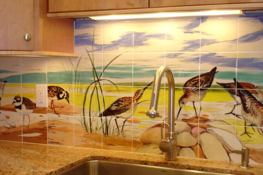 Realistic Shorebirds on the beach hand-painted tile by Maureen Fulgenzi, above-sink kitchen install — Warm & earthy palette, Palm Beach, FL