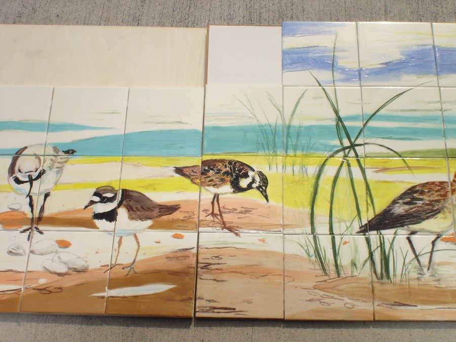 Realistic Shorebirds on the beach hand-painted tile by Maureen Fulgenzi, additional detail/installation view 10 — Warm & earthy palette, Palm Beach, FL