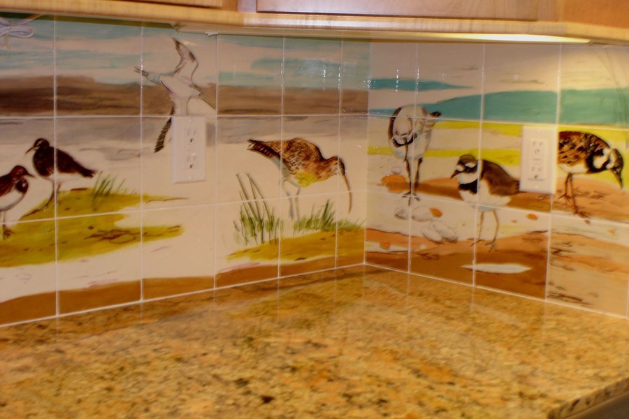 Realistic Shorebirds on the beach hand-painted tile by Maureen Fulgenzi, additional detail/installation view 11 — Warm & earthy palette, Palm Beach, FL