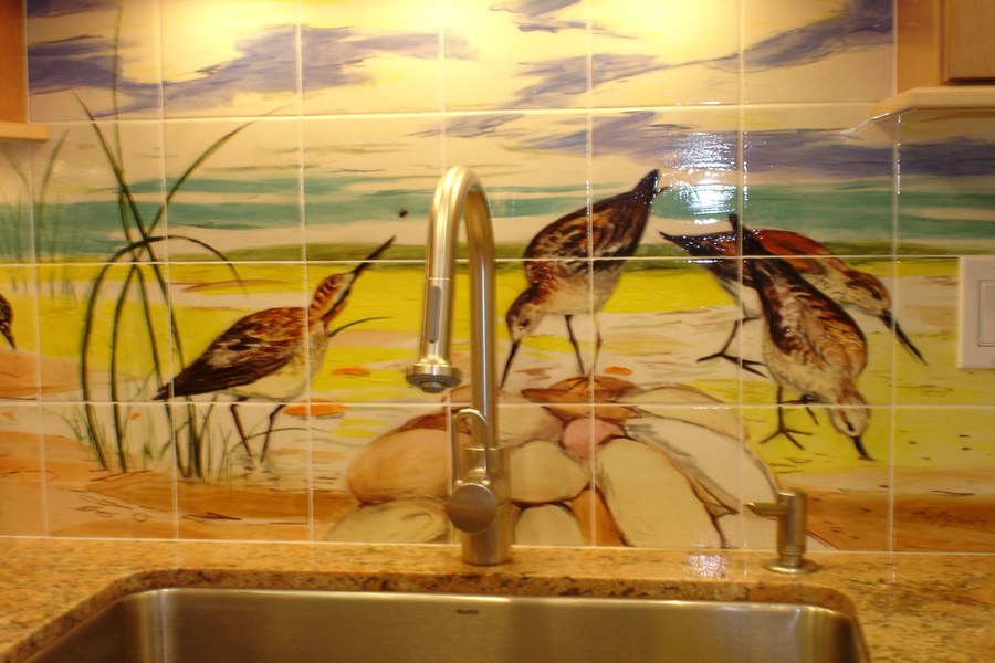 Realistic Shorebirds on the beach hand-painted tile by Maureen Fulgenzi, additional detail/installation view 12 — Warm & earthy palette, Palm Beach, FL