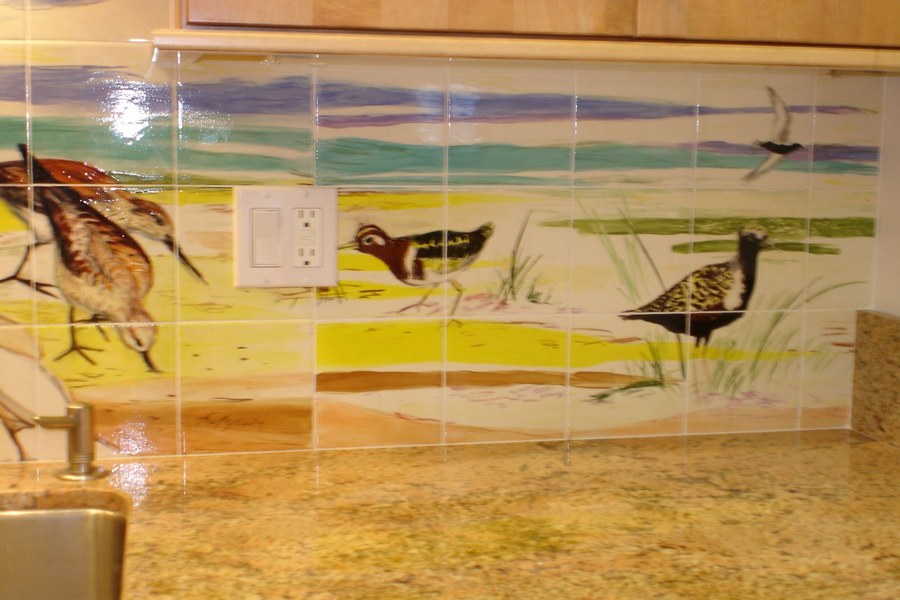 Realistic Shorebirds on the beach hand-painted tile by Maureen Fulgenzi, additional detail/installation view 13 — Warm & earthy palette, Palm Beach, FL