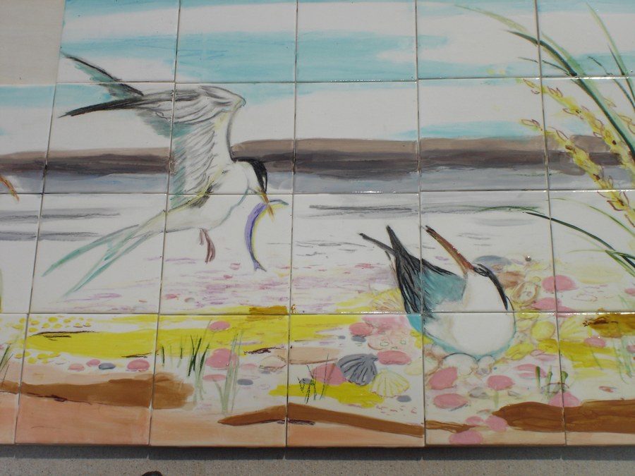 Realistic Shorebirds on the beach hand-painted tile by Maureen Fulgenzi, additional detail/installation view 5 — Warm & earthy palette, Palm Beach, FL