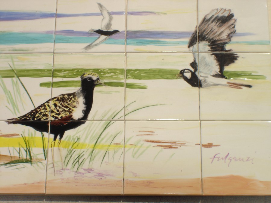 Realistic Shorebirds on the beach hand-painted tile by Maureen Fulgenzi, additional detail/installation view 7 — Warm & earthy palette, Palm Beach, FL