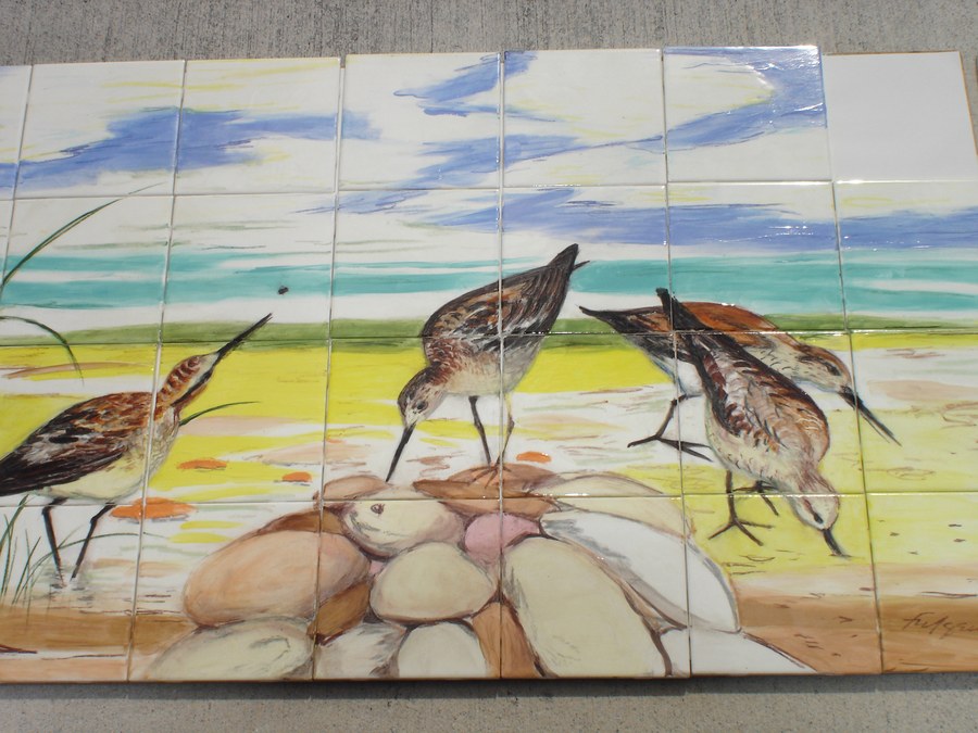 Realistic Shorebirds on the beach hand-painted tile by Maureen Fulgenzi, additional detail/installation view 8 — Warm & earthy palette, Palm Beach, FL