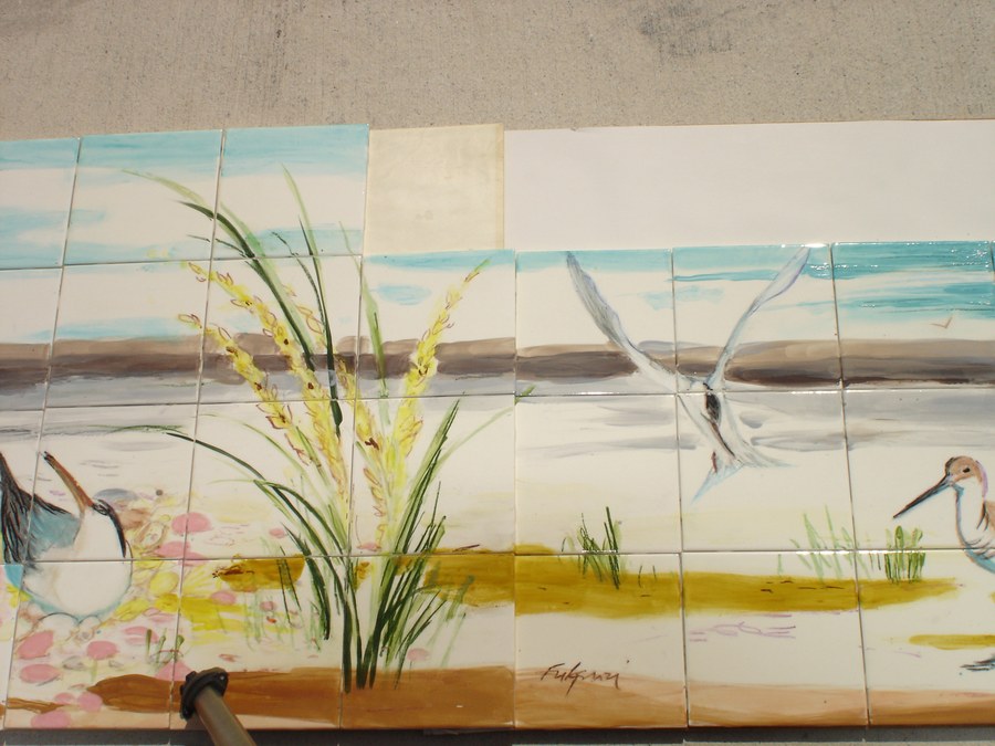 Realistic Shorebirds on the beach hand-painted tile by Maureen Fulgenzi, additional detail/installation view 9 — Warm & earthy palette, Palm Beach, FL