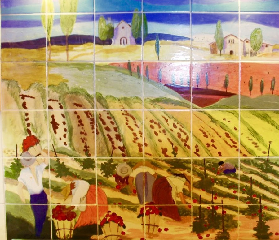 Realistic Tuscan farm field hand-painted tile by Maureen Fulgenzi — Warm & earthy (gold) palette, Palm Beach, FL