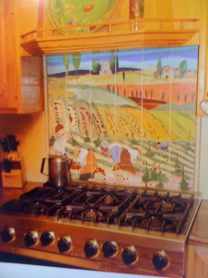 Same Tuscan farm field hand-painted tile, additional detail view, by Maureen Fulgenzi — Warm & earthy (gold) palette, Palm Beach, FL