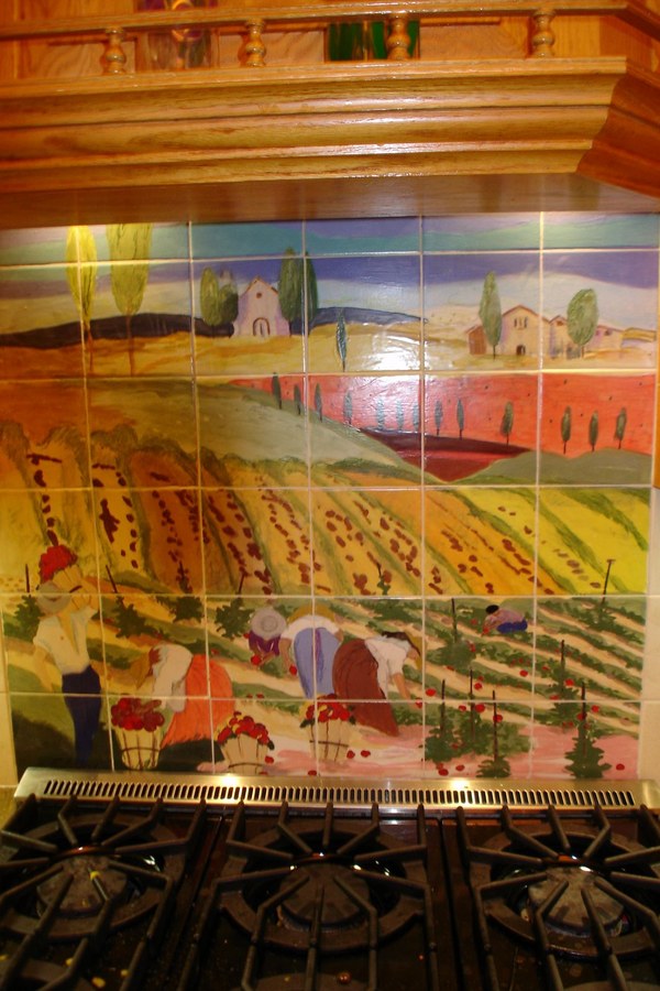 Same Tuscan farm field hand-painted tile, wider installation view, by Maureen Fulgenzi — Warm & earthy (gold) palette, Palm Beach, FL