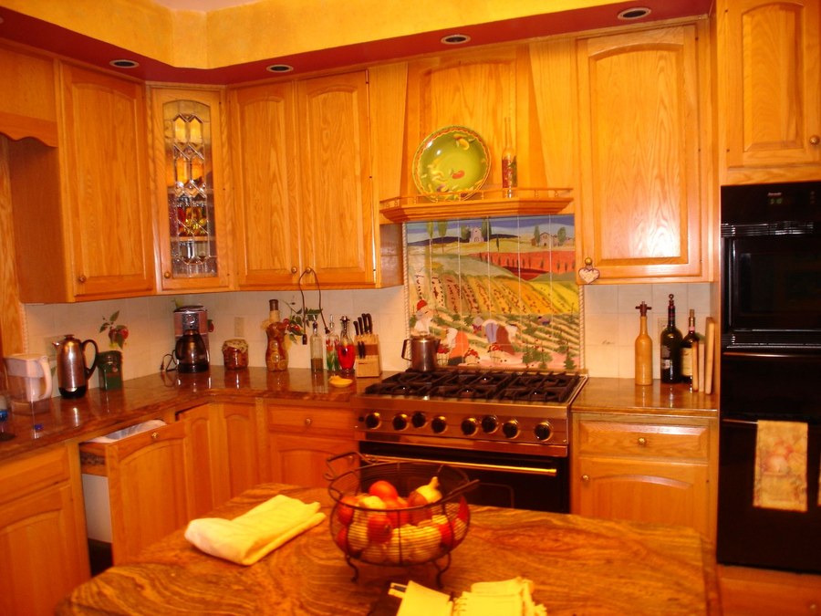 Same Tuscan farm field hand-painted tile, additional installation view, by Maureen Fulgenzi — Warm & earthy (gold) palette, Palm Beach, FL