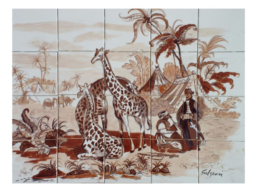 Realistic Giraffe & safari tent hand-painted tile by Maureen Fulgenzi — Sepia & brown monochrome palette, Palm Beach, FL