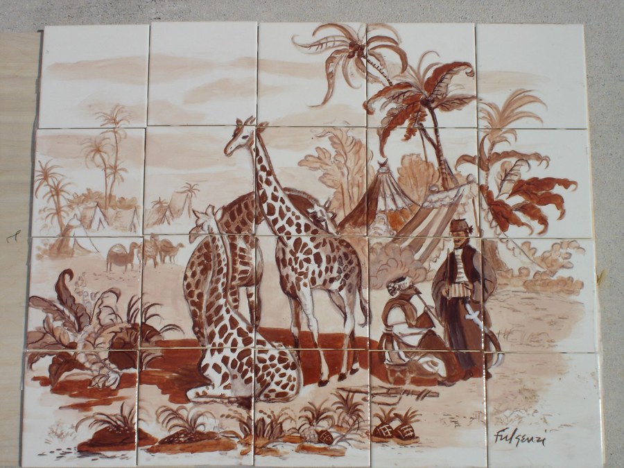 Same giraffe & safari tent hand-painted tile, additional detail view, by Maureen Fulgenzi — Sepia & brown monochrome palette, Palm Beach, FL