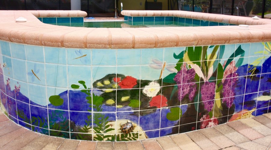 Tropical underwater garden hand-painted tile with lily pond, florals & turtle, spa/pool wall install by Maureen Fulgenzi — Vivid & multicolor palette, Palm Beach, FL