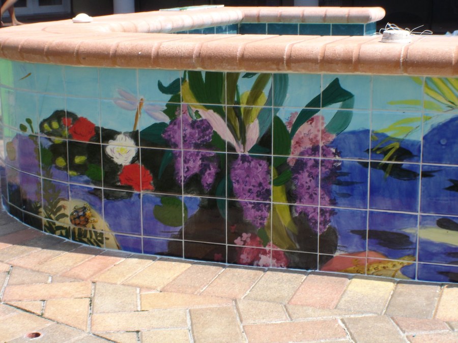Tropical underwater garden hand-painted tile with lily pond, florals & turtles by Maureen Fulgenzi, additional detail/installation view 10 — Vivid & multicolor palette, Palm Beach, FL