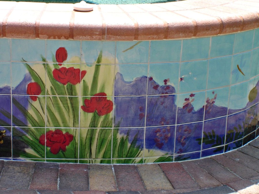 Tropical underwater garden hand-painted tile with lily pond, florals & turtles by Maureen Fulgenzi, additional detail/installation view 11 — Vivid & multicolor palette, Palm Beach, FL