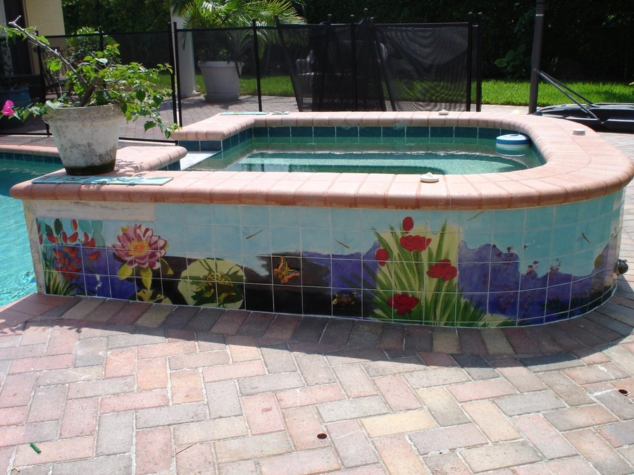 Tropical underwater garden hand-painted tile with lily pond, florals & turtles by Maureen Fulgenzi, additional detail/installation view 12 — Vivid & multicolor palette, Palm Beach, FL