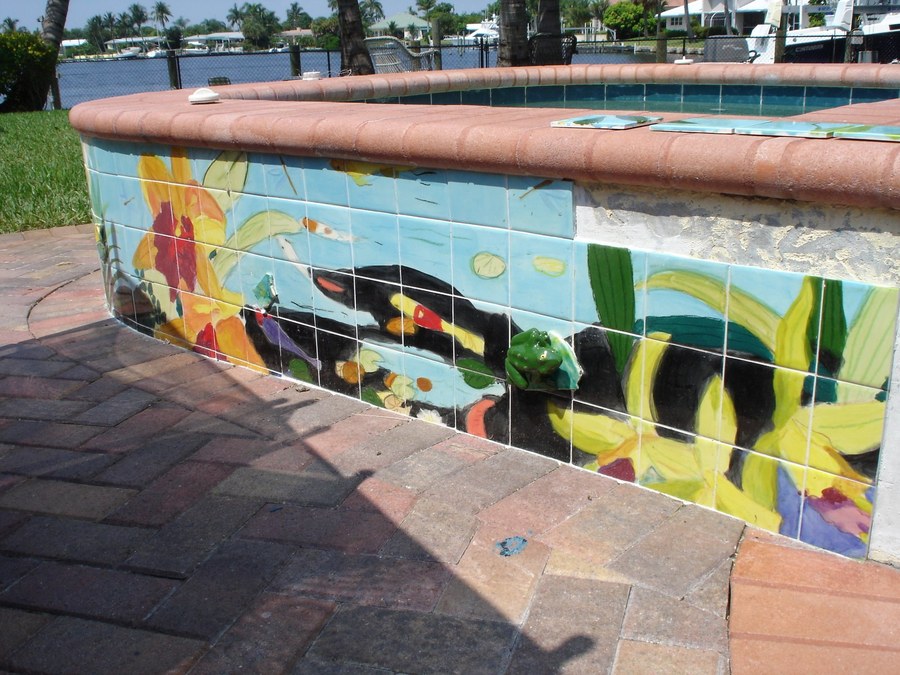 Tropical underwater garden hand-painted tile with lily pond, florals & turtles by Maureen Fulgenzi, additional detail/installation view 13 — Vivid & multicolor palette, Palm Beach, FL