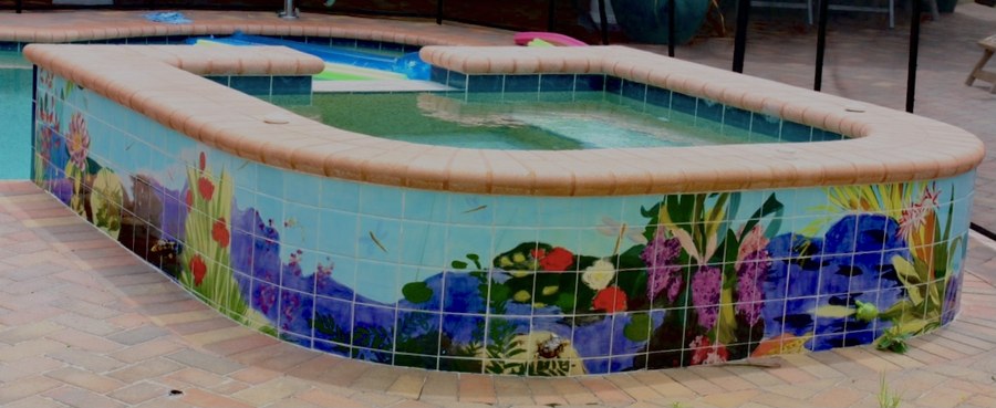 Tropical underwater garden hand-painted tile with lily pond, florals & turtles by Maureen Fulgenzi, additional detail/installation view 2 — Vivid & multicolor palette, Palm Beach, FL
