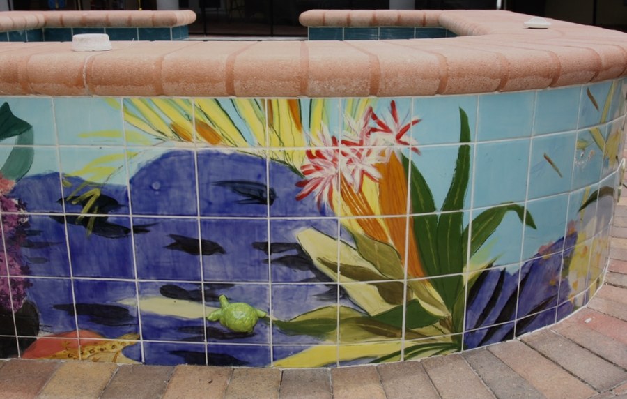 Tropical underwater garden hand-painted tile with lily pond, florals & turtles by Maureen Fulgenzi, additional detail/installation view 3 — Vivid & multicolor palette, Palm Beach, FL