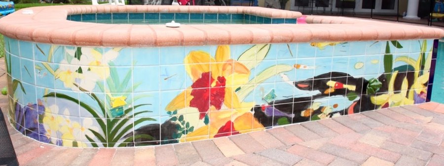Tropical underwater garden hand-painted tile with lily pond, florals & turtles by Maureen Fulgenzi, additional detail/installation view 4 — Vivid & multicolor palette, Palm Beach, FL