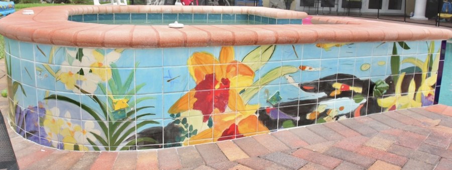 Tropical underwater garden hand-painted tile with lily pond, florals & turtles by Maureen Fulgenzi, additional detail/installation view 5 — Vivid & multicolor palette, Palm Beach, FL