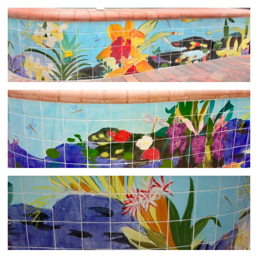 Tropical underwater garden hand-painted tile with lily pond, florals & turtles by Maureen Fulgenzi, additional detail/installation view 6 — Vivid & multicolor palette, Palm Beach, FL