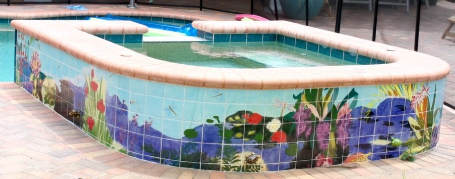 Tropical underwater garden hand-painted tile with lily pond, florals & turtles by Maureen Fulgenzi, additional detail/installation view 7 — Vivid & multicolor palette, Palm Beach, FL