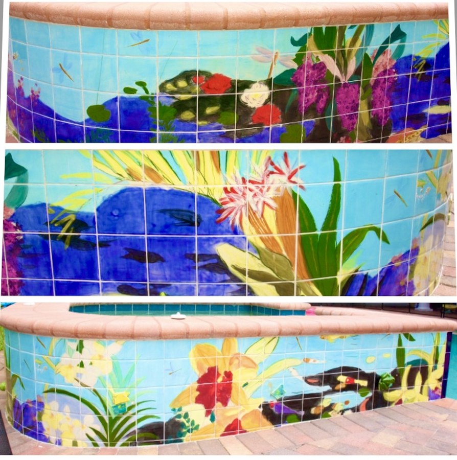 Tropical underwater garden hand-painted tile with lily pond, florals & turtles by Maureen Fulgenzi, additional detail/installation view 8 — Vivid & multicolor palette, Palm Beach, FL