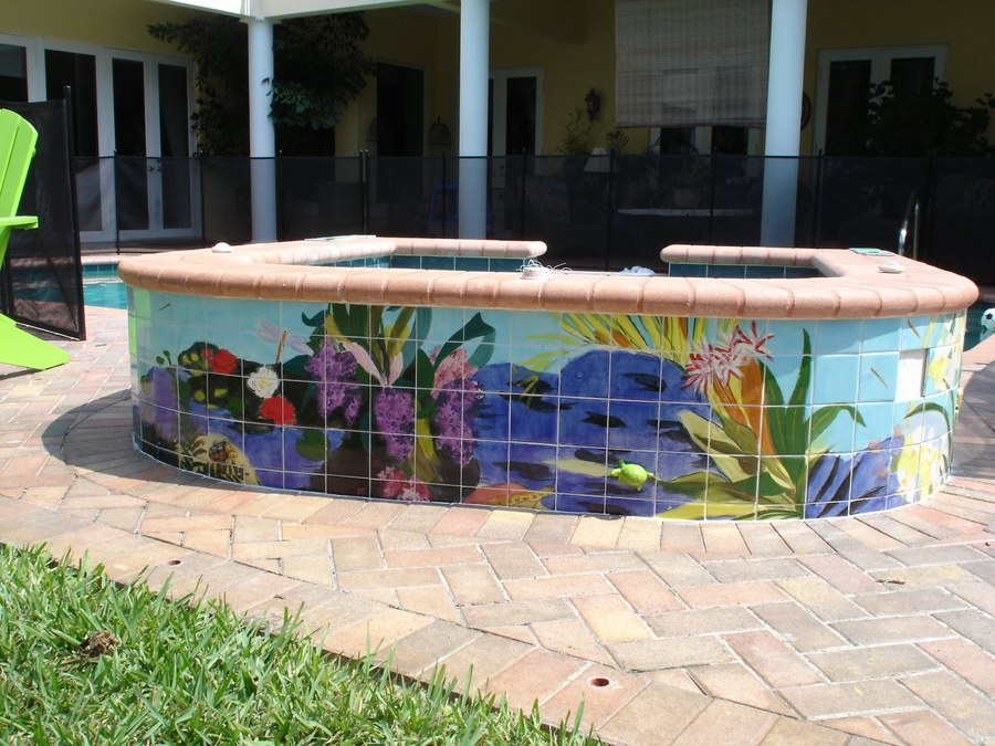 Tropical underwater garden hand-painted tile with lily pond, florals & turtles by Maureen Fulgenzi, additional detail/installation view 9 — Vivid & multicolor palette, Palm Beach, FL