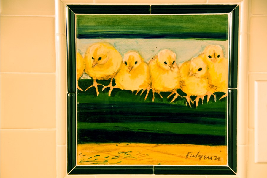 Realistic row of baby chicks hand-painted tile by Maureen Fulgenzi — Yellow & white palette, Palm Beach, FL