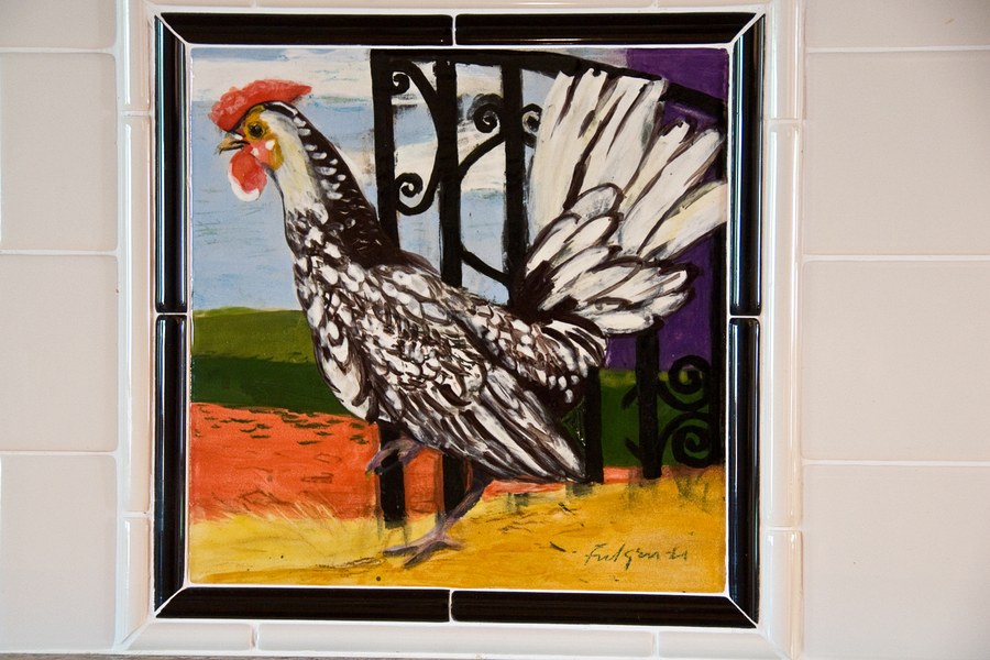 Realistic black and white rooster hand-painted tile by Maureen Fulgenzi — Monochrome palette, Palm Beach, FL