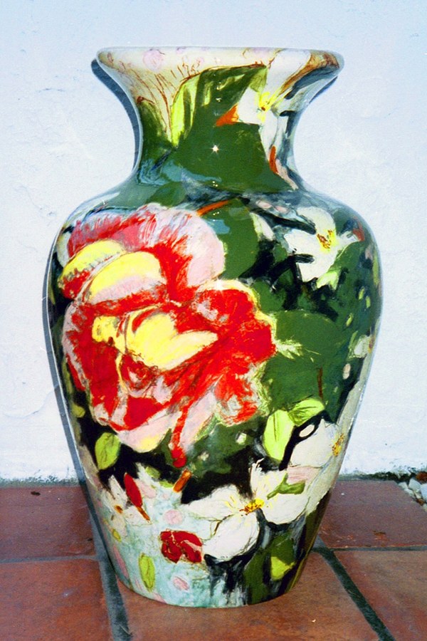 Floral hand-painted vase by Maureen Fulgenzi, red peony side — Red & green palette, Palm Beach, FL