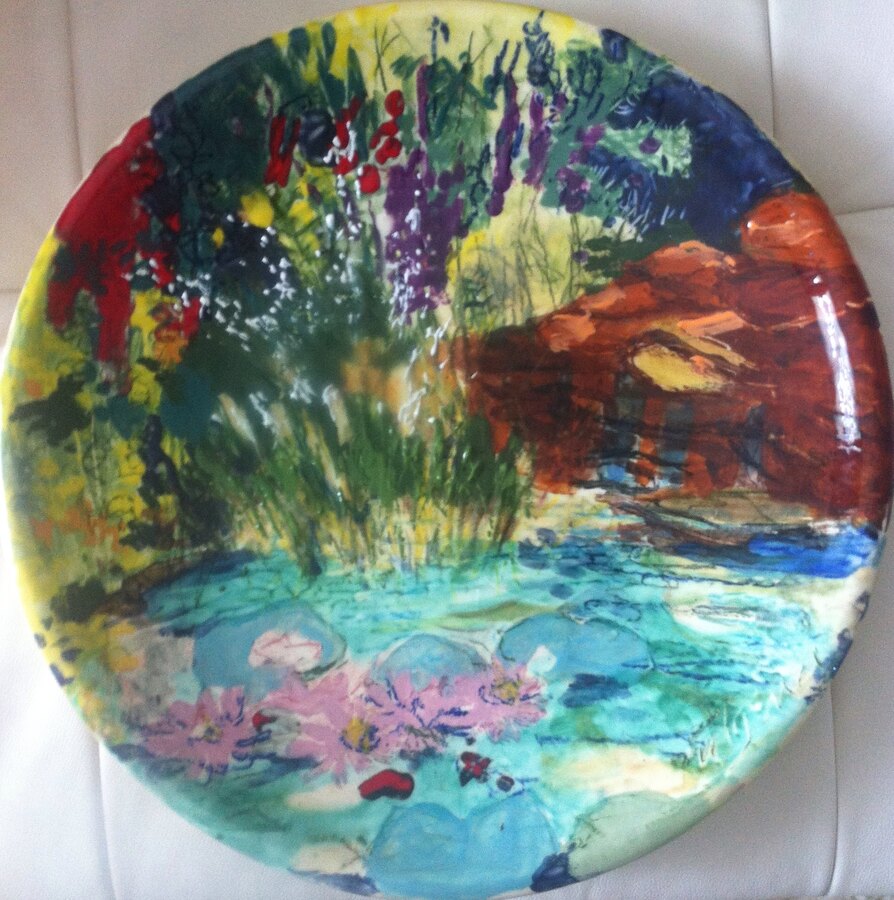 Realistic Scenic landscape plate hand-painted plate by Maureen Fulgenzi — Vivid & multicolor palette, Palm Beach, FL