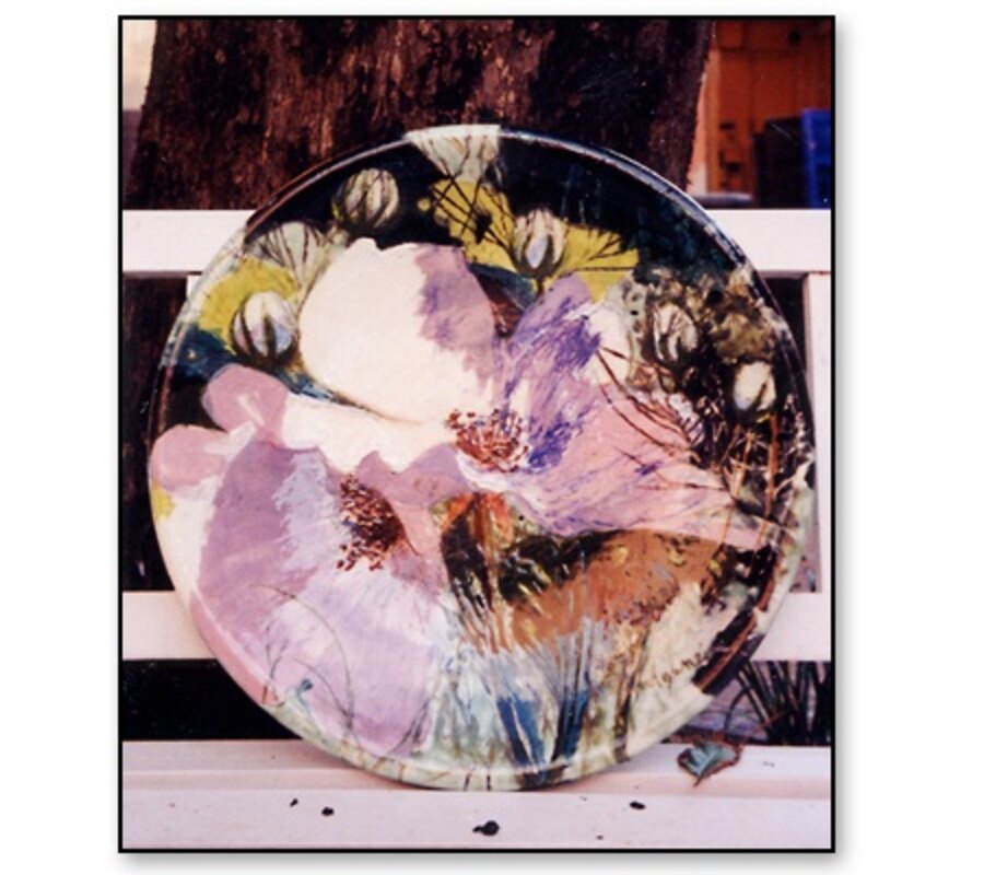 Abstract florals plate hand-painted plate by Maureen Fulgenzi — Soft pastel (pink & mauve) palette, Palm Beach, FL