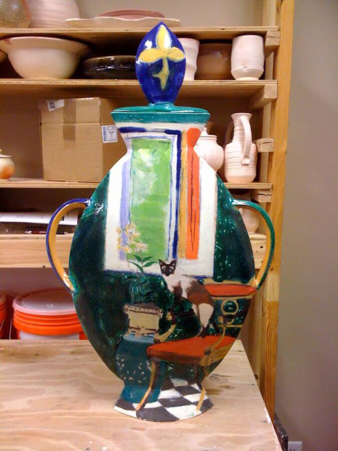 Folk Cat on a garden seat hand-painted vase by Maureen Fulgenzi — Blue & green palette, Palm Beach, FL