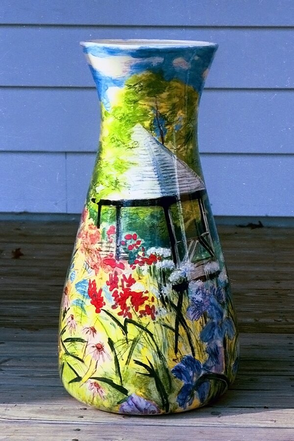 Realistic garden gazebo scene hand-painted vase by Maureen Fulgenzi, outdoor photo — Vivid & multicolor palette, Palm Beach, FL